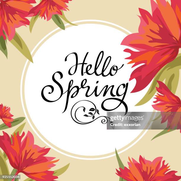 hello spring with red flower blooming - flower blooming stock illustrations