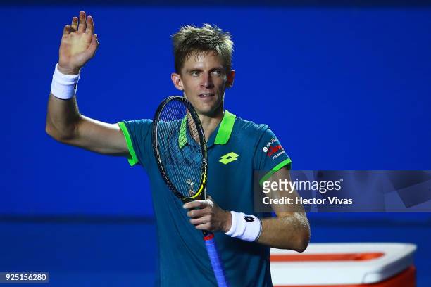 Kevin Anderson of South Africa celebrates after winning the match against Radu Albot of Moldova as part of the Telcel Mexican Open 2018 at Mextenis...