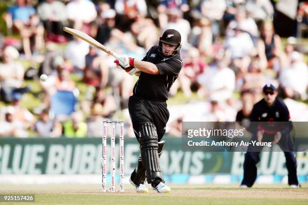 Tom Latham of New Zealand hits a four during game two of the One Day International series between New Zealand and England at Bay Oval on February 28,...