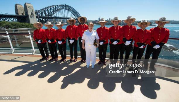 Captain Inger Klein Thorhauge with Cunard's famous Bellboys wearing R.M.Williams boots and Akubra hats on board Queen Elizabeth on February 28, 2018...