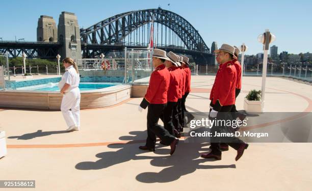 Captain Inger Klein Thorhauge with Cunard's famous Bellboys wearing R.M.Williams boots and Akubra hats on board Queen Elizabeth on February 28, 2018...