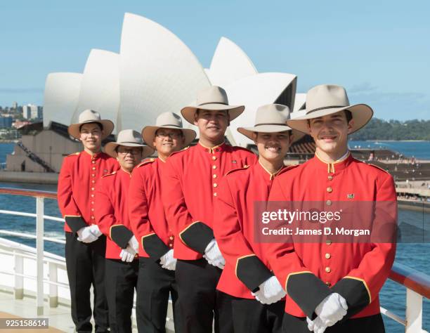 Cunard's famous Bellboys wearing R.M.Williams boots and Akubra hats on board Queen Elizabeth on February 28, 2018 in Sydney, Australia. Cunard today...