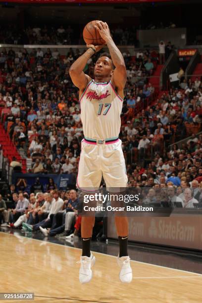 Rodney McGruder of the Miami Heat shoots the ball against the Philadelphia 76ers on February 27, 2018 at American Airlines Arena in Miami, Florida....