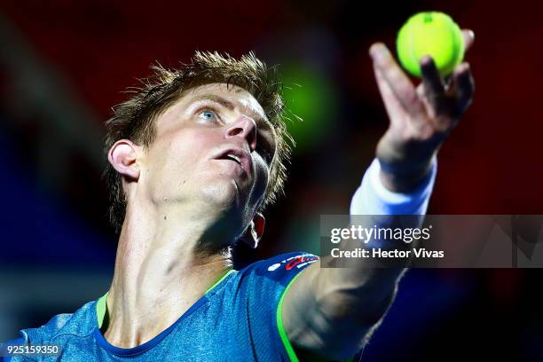 Kevin Anderson of South Africa serves during the match between Radu Albot of Moldova and Kevin Anderson of South Africa as part of the Telcel Mexican...