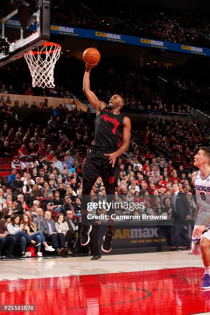 Maurice Harkless of the Portland Trail Blazers drives to the basket against the Sacramento Kings on February 27, 2018 at the Moda Center in Portland,...