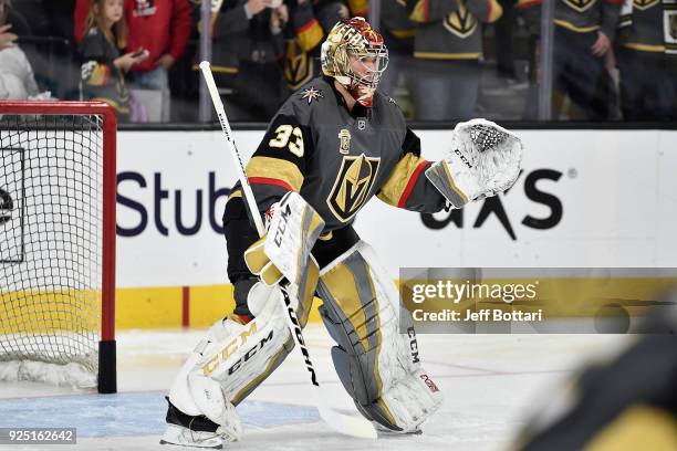 Maxime Lagace of the Vegas Golden Knights warms up prior to the game against the Los Angeles Kings at T-Mobile Arena on February 27, 2018 in Las...