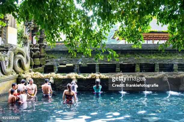 tourists bathing in the holy water at pura tirta empul temple, tampaksiring, bali, indonesia - tirta empul temple stock pictures, royalty-free photos & images