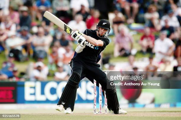 Mitchell Santner of New Zealand bats during game two of the One Day International series between New Zealand and England at Bay Oval on February 28,...