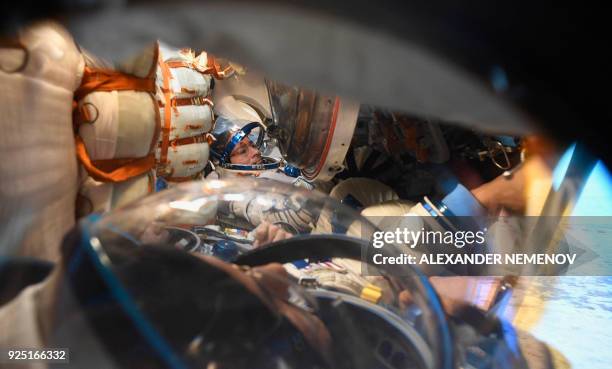 The Intenational Space Station crew members: Russian cosmonaut Alexander Misurkin and NASA astronauts Mark Vande Hei and Joe Acaba are seen inside...