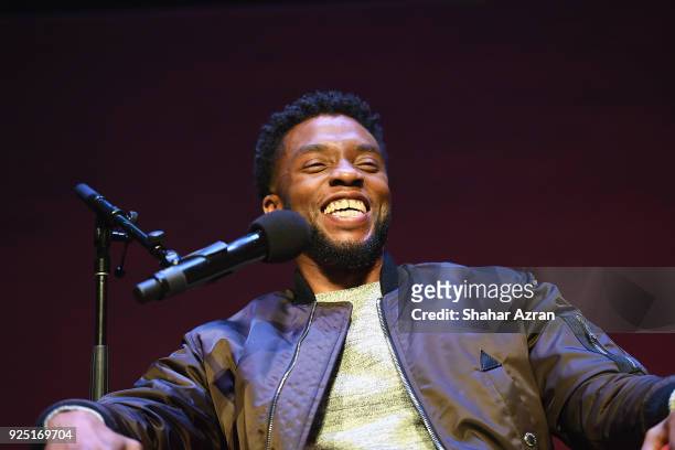 Black Panther star Chadwick Boseman attends a panel discussion about the box office smash Black Panther at The Apollo Theater on February 27, 2018 in...