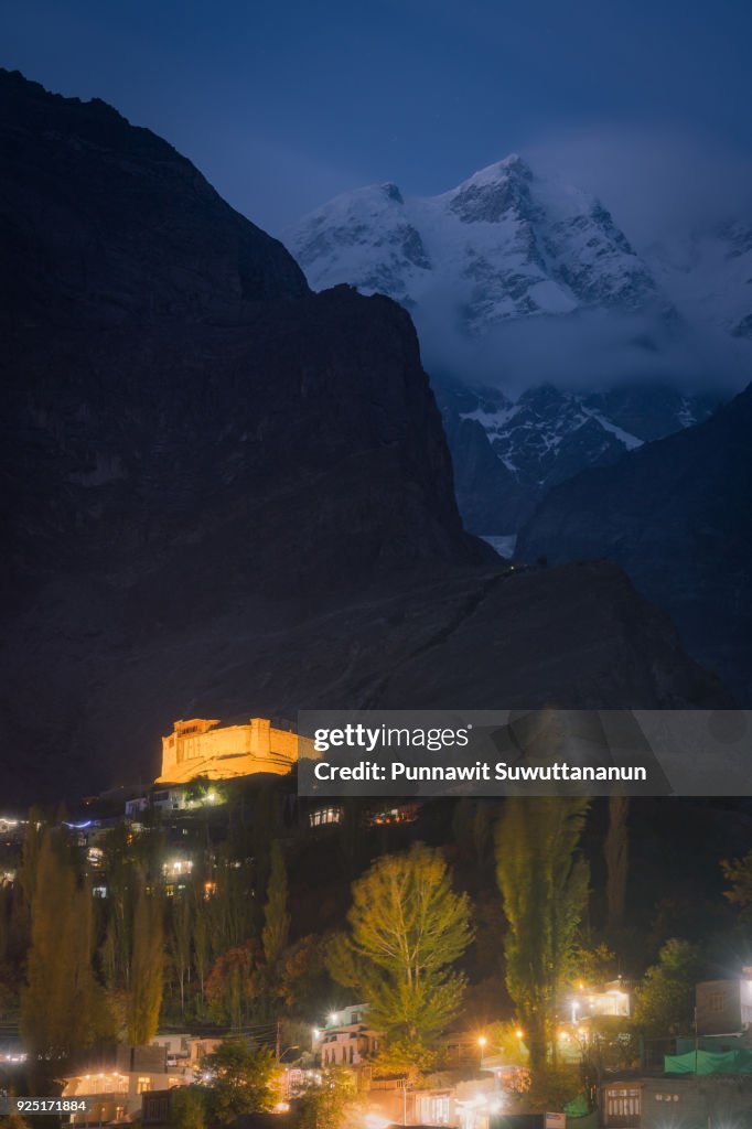 Baltit fort at night in Hunza valley in autumn season, Gilgit Baltistan, Pakistan