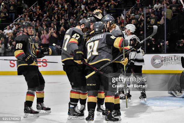 William Karlsson celebrates his goal with his teammates Luca Sbisa, Nate Schmidt, Jonathan Marchessault and Reilly Smith of the Vegas Golden Knights...