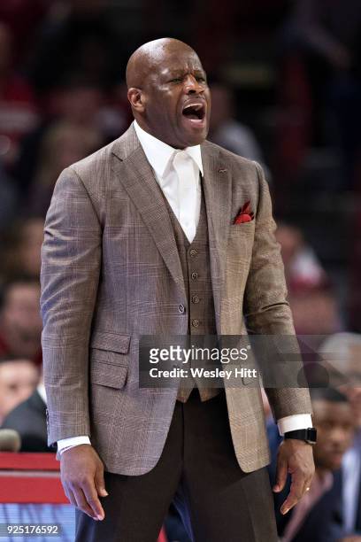 Head Coach Mike Anderson of the Arkansas Razorbacks yells to his team during a game against the Auburn Tigers at Bud Walton Arena on February 27,...