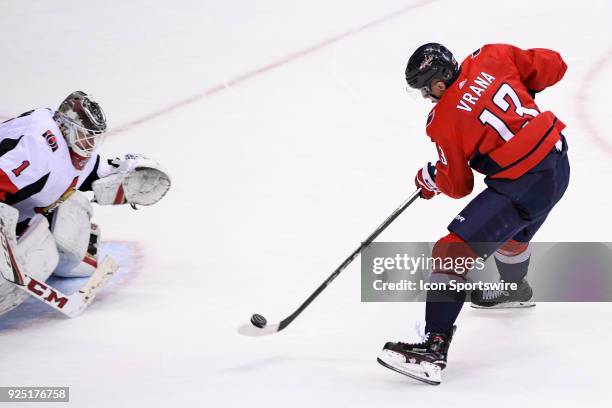 Washington Capitals left wing Jakub Vrana has his third period shot saved by Ottawa Senators goaltender Mike Condon on February 27 at the Capital One...