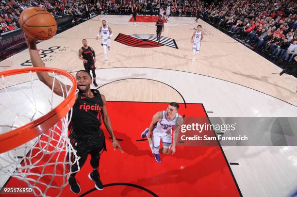 Maurice Harkless of the Portland Trail Blazers dunks the ball against the Sacramento Kings on February 27, 2018 at the Moda Center in Portland,...