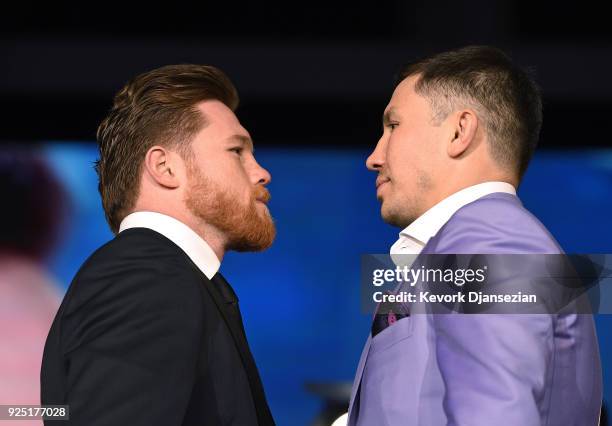 Boxers Canelo Alvarez and Gennady Golovkin face off during a news conference at Microsoft Theater at L.A. Live to announce their upcoming rematch on...