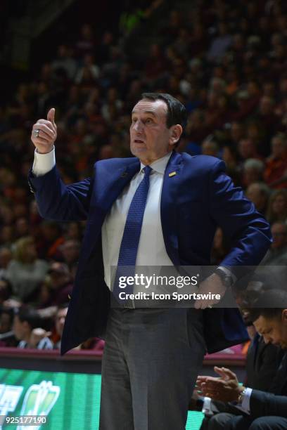 Duke Blue Devils head coach Mike Krzyzewski gives his team direction during a college basketball game between the Virginia Tech Hokies and the Duke...