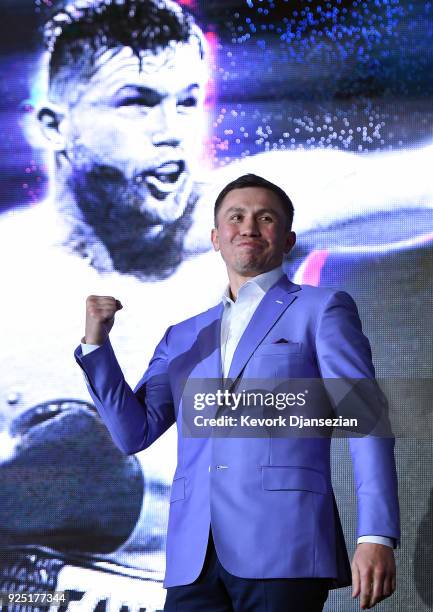 Boxer Gennady Golovkin reacts after he introduced during a fan event with Canelo Alvarez to announce their rematch during a news conference at...