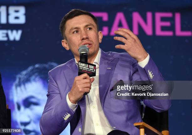 Boxer Gennady Golovkin speaks during a news conference with Canelo Alvarez to announce their rematch during a news conference at Microsoft Theater at...