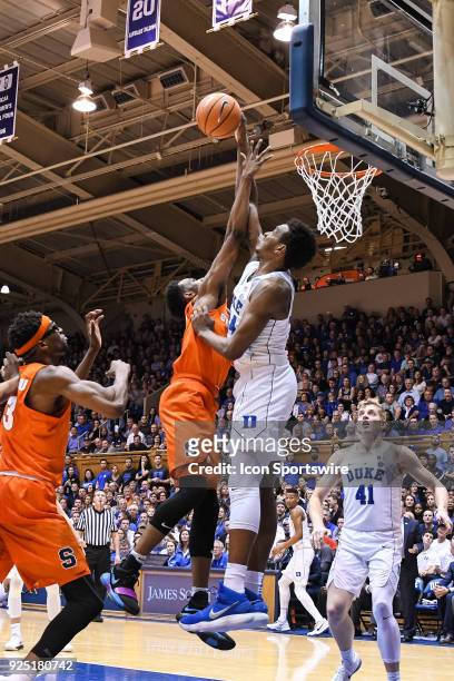 Duke Blue Devils forward Wendell Carter Jr blocks the shot during the men's college basketball game between the Syracuse Orange and the Duke Blue...
