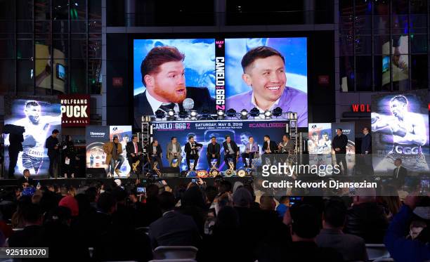 Boxers Canelo Alvarez and Gennady Golovkin take part in a news conference at Microsoft Theater at L.A. Live to announce their upcoming rematch on...