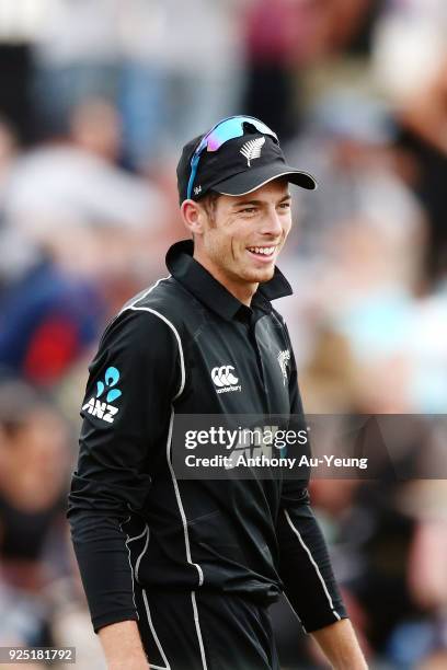 Mitchell Santner of New Zealand looks on during game two of the One Day International series between New Zealand and England at Bay Oval on February...