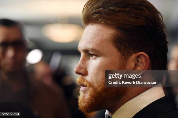 Boxer Canelo Alvarez posess during a news conference at Microsoft Theater at L.A. Live to announce the upcoming rematch against Gennady Golovkin on...