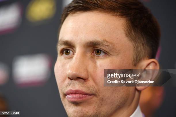 Boxer Gennady Golovkin poses during a news conference at Microsoft Theater at L.A. Live to announce the upcoming rematch against Canelo Alvarez on...