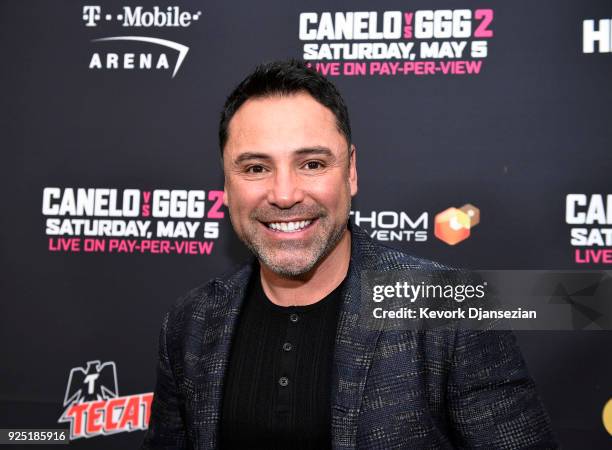 Oscar De La Hoya, promoter of Canelo Alvarez, poses during a news conference at Microsoft Theater at L.A. Live to announce the upcoming rematch...