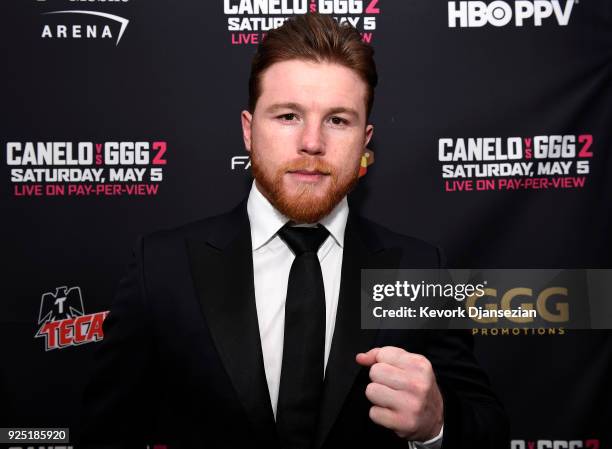 Boxer Canelo Alvarez poses during a news conference at Microsoft Theater at L.A. Live to announce the upcoming rematch against Gennady Golovkin on...