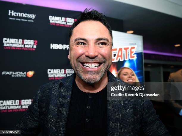 Oscar De La Hoya, promoter of Canelo Alvarez, poses during a news conference at Microsoft Theater at L.A. Live to announce the upcoming rematch...