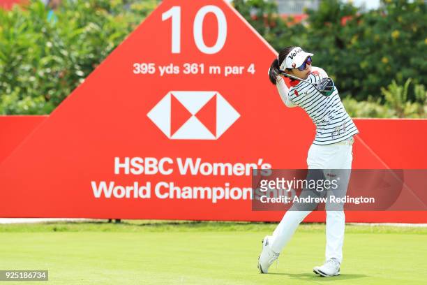Mi Hyang Lee of South Korea plays a shot during the pro-am prior to the HSBC Women's World Championship at Sentosa Golf Club on February 28, 2018 in...