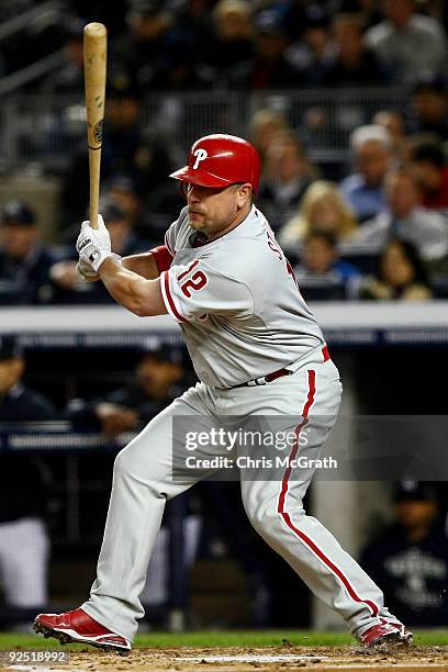 Matt Stairs of the Philadelphia Phillies hits a second inning RBI single against the New York Yankees in Game Two of the 2009 MLB World Series at...