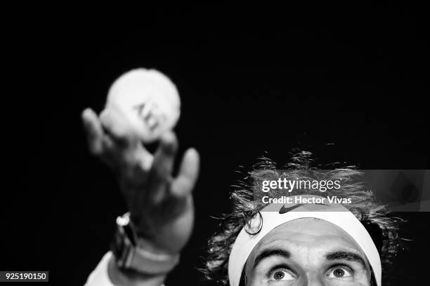 Rafael Nadal of Spain serves during a training session as part of the Telcel Mexican Open 2018 at Mextenis Stadium on February 26, 2018 in Acapulco,...