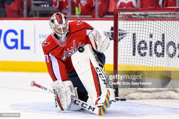 Washington Capitals goaltender Braden Holtby warms up with rainbow tape on his stick on February 27 at the Capital One Arena in Washington, D.C. The...