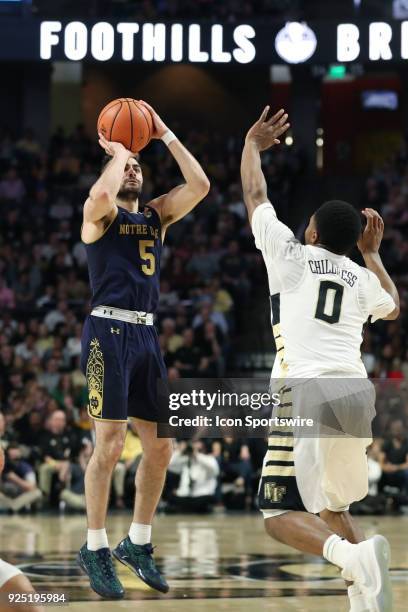 Notre Dame's Matt Farrell gives Notre Dame its first lead with a three-pointer over Wake Forest's Brandon Childress that also put Farrell over 1,000...