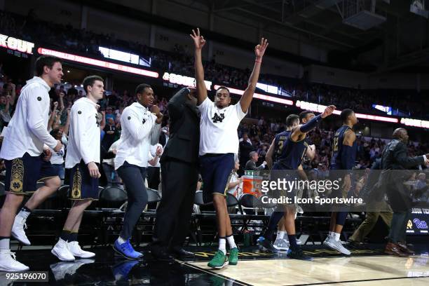 Notre Dame's Bonzie Colson and teammates celebrate a basket during the Wake Forest Demon Deacons game versus the Notre Dame Fighting Irish on...