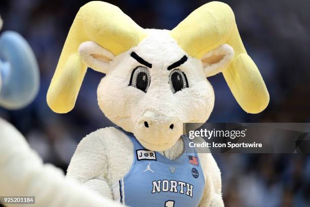 Mascot Rameses during the North Carolina Tar Heels game versus the Miami Hurricanes on February 27 at Dean E. Smith Center in Chapel Hill, NC. Miami...