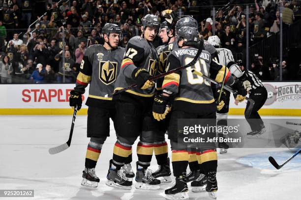 William Karlsson celebrates his goal with his teammates Luca Sbisa, Nate Schmidt, Jonathan Marchessault and Reilly Smith of the Vegas Golden Knights...