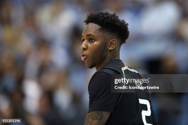 Miami's Chris Lykes during the North Carolina Tar Heels game versus the Miami Hurricanes on February 27 at Dean E. Smith Center in Chapel Hill, NC....