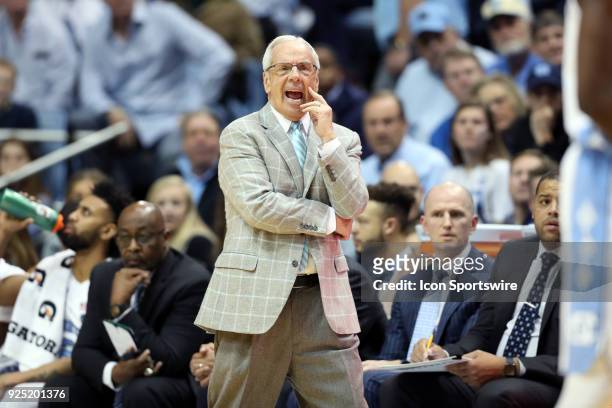 Head coach Roy Williams during the North Carolina Tar Heels game versus the Miami Hurricanes on February 27 at Dean E. Smith Center in Chapel Hill,...
