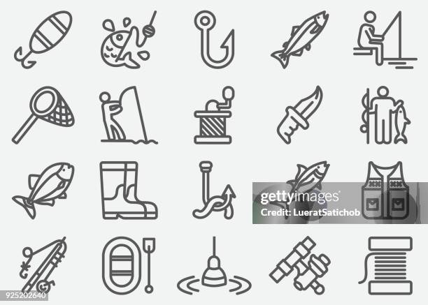 stockillustraties, clipart, cartoons en iconen met pictogrammen van de lijn van de visserij - vishaak visgerei