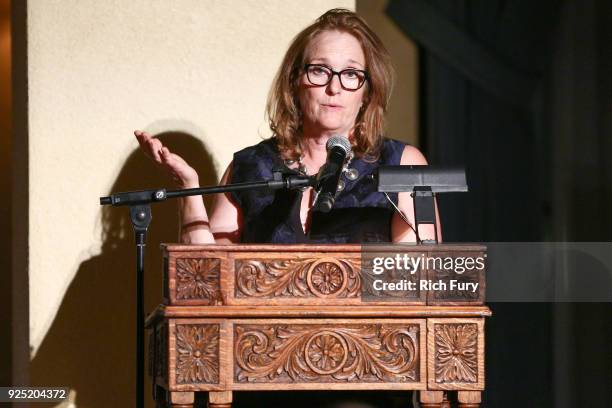 Allison Schallert speaks onstage during the Stories From The Front Line charity program at the Ebell of Los Angeles on February 27, 2018 in Los...