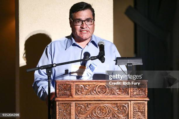 Hector Curiel speaks onstage during the Stories From The Front Line charity program at the Ebell of Los Angeles on February 27, 2018 in Los Angeles,...