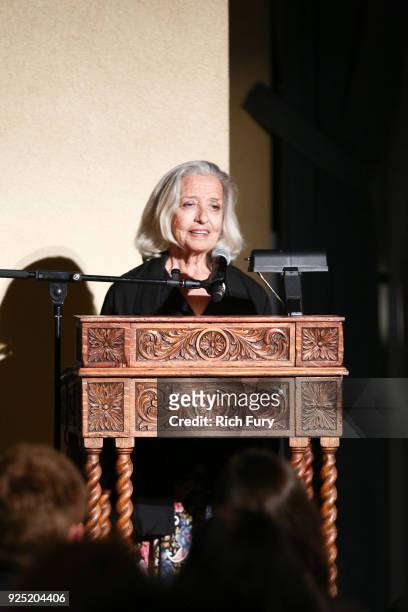 Emily Martiniuk speaks onstage during the Stories From The Front Line charity program at the Ebell of Los Angeles on February 27, 2018 in Los...