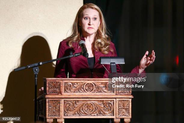 Amy Elaine Wakeland speaks onstage during the Stories From The Front Line charity program at the Ebell of Los Angeles on February 27, 2018 in Los...
