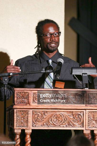 Sam Randolph speaks onstage during the Stories From The Front Line charity program at the Ebell of Los Angeles on February 27, 2018 in Los Angeles,...