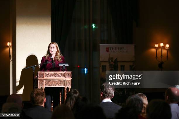 Amy Elaine Wakeland speaks onstage during the Stories From The Front Line charity program at the Ebell of Los Angeles on February 27, 2018 in Los...