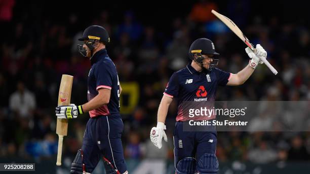 England batsman Eoin Morgan reaches his half century during the 2nd ODI between New Zealand and England at Bay Oval on February 28, 2018 in Tauranga,...
