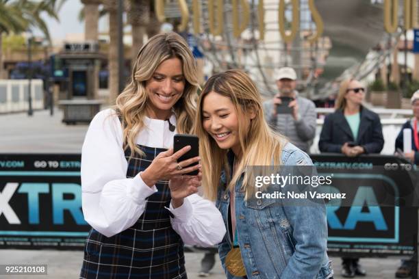 Renee Bargh and Chloe Kim visit "Extra" at Universal Studios Hollywood on February 27, 2018 in Universal City, California.